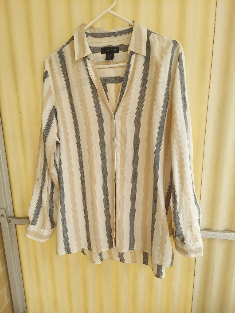 Tahari Striped Button-Front Tunic Top Shirt Linen Collared Blouse - Cream & Gray